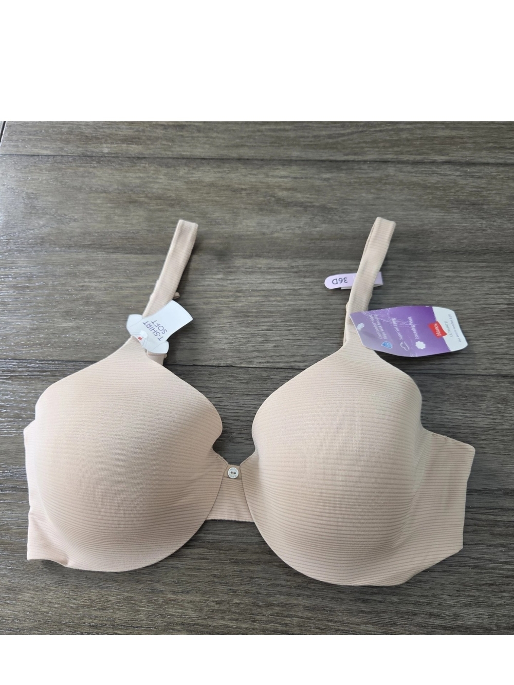 Hanes Ultimate T Shirt Soft Beige Convertible Straps Bra Concealing Petals 36D